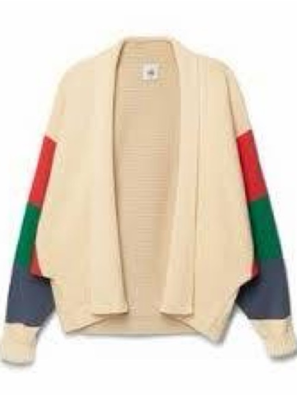 CABI Cream Ribbed Open Cardigan with Red, Green & Blue Sleeve Blocks